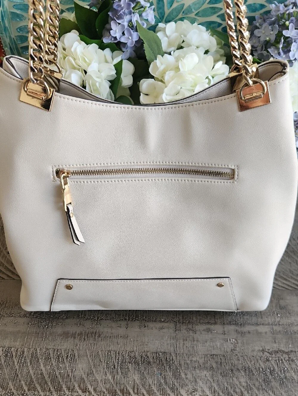 INC International Concepts Off Whitw Shoulder Bag with Gold Chain Handles